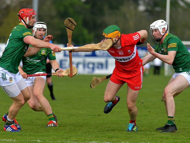 April 2023: Derry’s Ségdae Melaugh battles to keep possession against Meath in Owenbeg as the hurlers battled for Division 2A survival. Photo: George Sweeney
