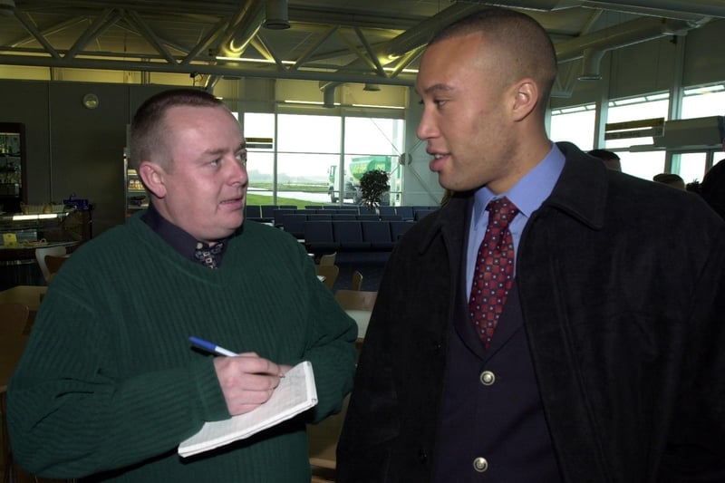 Derry Journal sports reporter, Des McCallion, interviewing Man Utd defender, Mikaël Silvestre