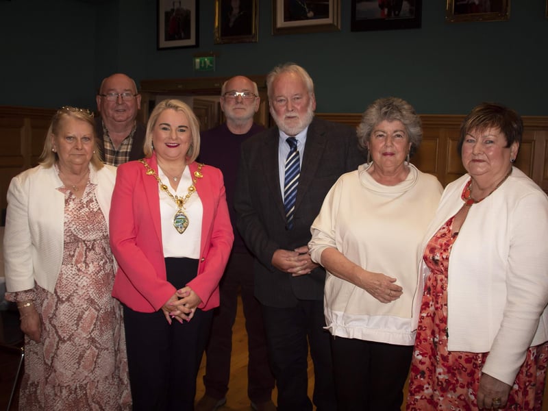 Group pictured at the Guildhall on Wednesday evening. From left, Margaret McClafferty (nee McArt), Hugh McArt, Mayor Sandra Duffy, Brian McArt, Hugh McClafferty, Pat McArt, Rosie McArt and Mary McMenamin (nee McArt).