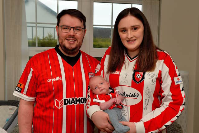 Local couple Shaun McGrath and Caoimhe McCallion have named their 10 weeks old baby boy Jamie Mark McGrath after Derry City striker Jamie McGonigle. Picture by George Sweeney