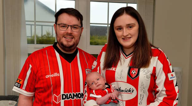 Local couple Shaun McGrath and Caoimhe McCallion have named their 10 weeks old baby boy Jamie Mark McGrath after Derry City striker Jamie McGonigle. Picture by George Sweeney