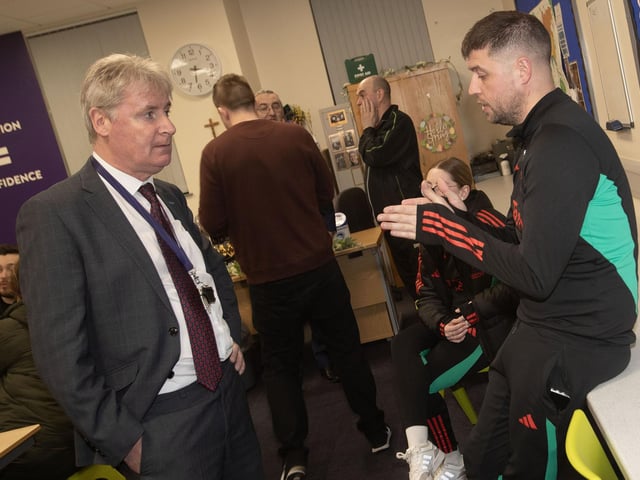 St. Joseph's Boys School Vice Principal Paul Kealey in conversation with one of the Foundation representatives.