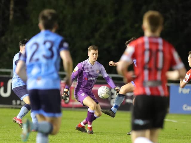 Derry City keeper 's Brian Maher produced a stunning save against UCD when Derry were under the cosh in the first half of Friday's match.