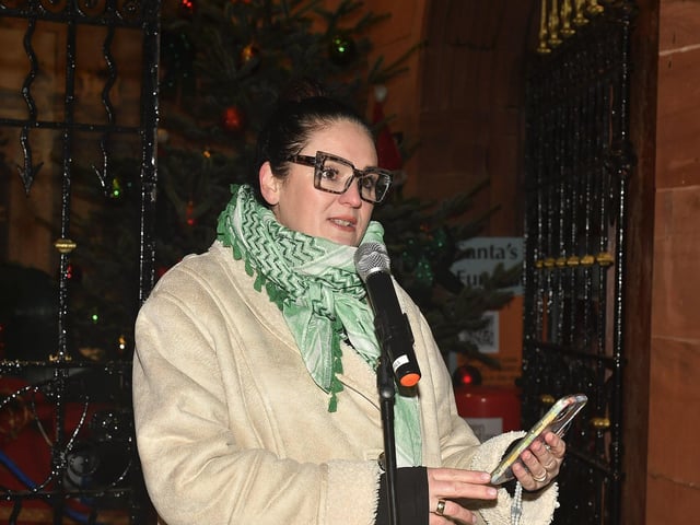 Councillor Aisling Hutton speaking at the second annual Reclaim the Night walk, on Saturday evening, from Ebrington Square to Guildhall Square, organised by Foyle Women’s Information Network. Photo: George Sweeney