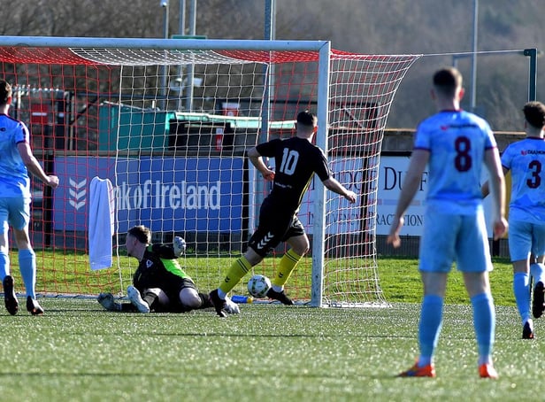H&W Welders striker Michael McLellan scores the only goal of the game against Institute, at the Ryan McBride Brandywell Stadium.