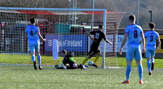 H&W Welders striker Michael McLellan scores the only goal of the game against Institute, at the Ryan McBride Brandywell Stadium.