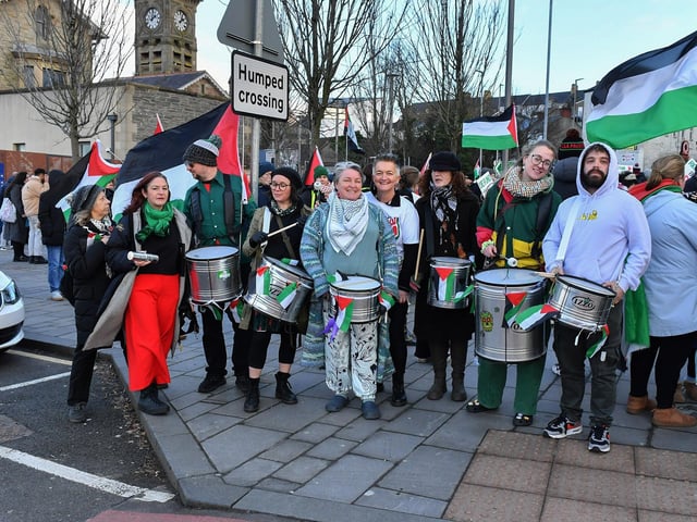 Supporters attend the pro-Palestinian solidarity rally held in Derry on Saturday afternoon. Photo: George Sweeney