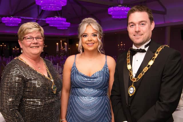 L-R Cllr Angela Dobbins, Deputy Mayor of Derry City & Strabane District Council; Megan McGarvey, Waterfoot Hotel (finalist in Receptionist of the Year category) and Northern Ireland Hotels Federation President Eddie McKeever.