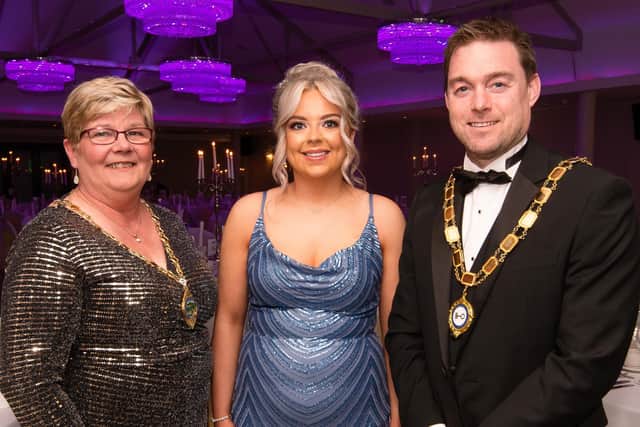 L-R Cllr Angela Dobbins, Deputy Mayor of Derry City & Strabane District Council; Megan McGarvey, Waterfoot Hotel (finalist in Receptionist of the Year category) and Northern Ireland Hotels Federation President Eddie McKeever.