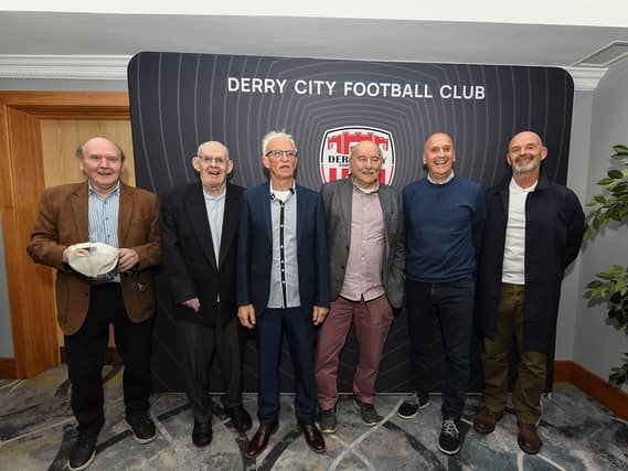 Paul McGuinness, Eamon McLaughlin, Tony O’Doherty, Eddie Mahon, Eddie Sedak and John Quigg at the Derry City FC celebration of 40 years in the League of Ireland held in the Everglades on Saturday evening. Photo: George Sweeney