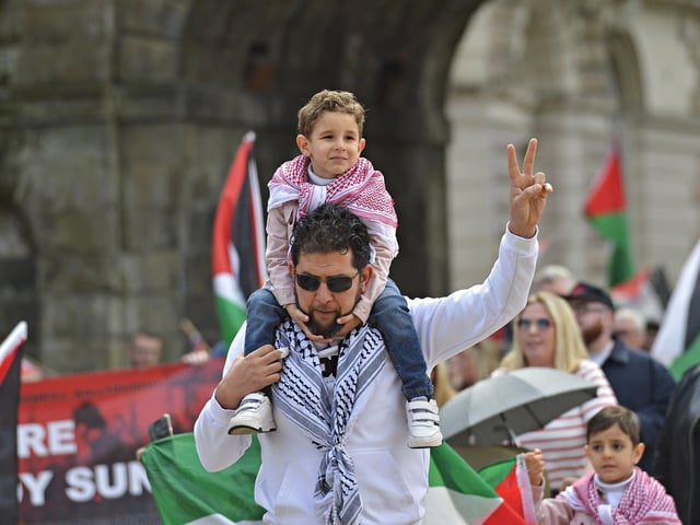 Supporters take part in a Freedom for Palestine march and rally on Saturday afternoon. Photo: George Sweeney