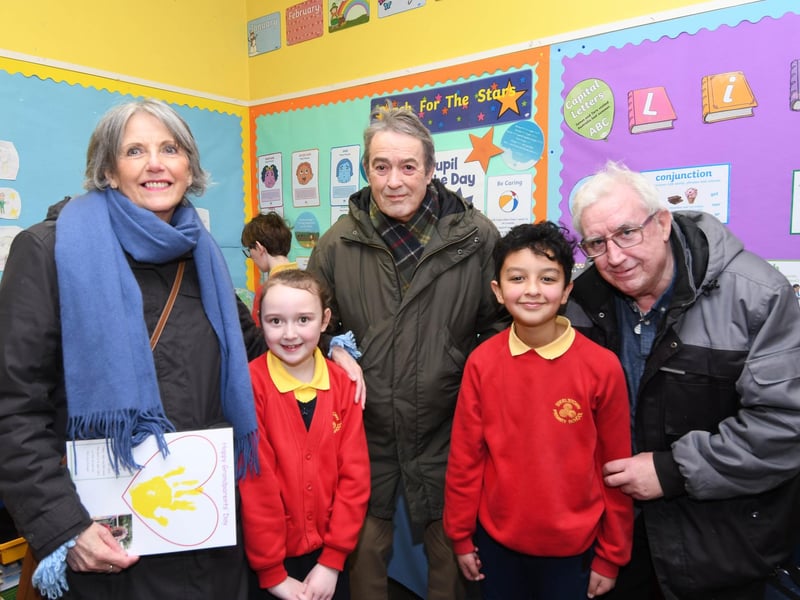 Scarlett and Adam welcome their grandparents to Steelstown PS on Wednesday last during 'Grandparents to School Day.
