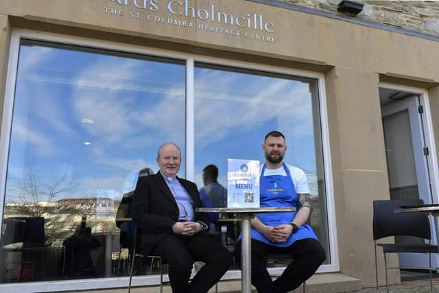 Father Gerard Mongan, Administrator, Long Tower Church, alongside Pat Kennedy, proprietor, of the Cloisters Café based in Aras Cholmcille. Photo: George Sweeney