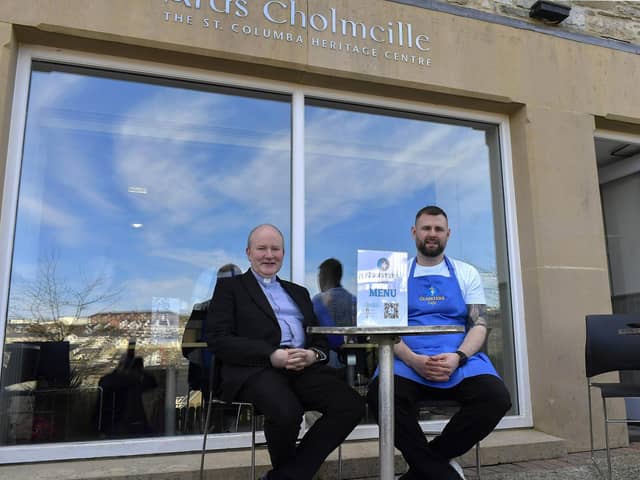 Father Gerard Mongan, Administrator, Long Tower Church, alongside Pat Kennedy, proprietor, of the Cloisters Café based in Aras Cholmcille. Photo: George Sweeney