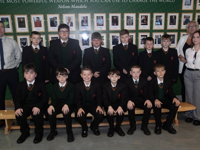 Miss Paige McCourt pictured with her 830 Year 8 Form Class at St. Joseph's Boys School on Monday morning. On right is Mrs. Ciara Deane, Principal, and on left Mr. Jon O'Loughlin, Head of Junior School. (Photos: Jim McCafferty Photography) : St. Joseph's Boys School welcomes latest influx of Year 8 pupils