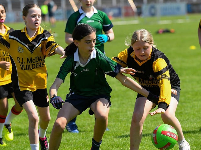 Derry Primary Schools Girls Finals at Celtic Park: Gaelscoil Cholmcille take on Good Shepherd PS. Photo: George Sweeney.