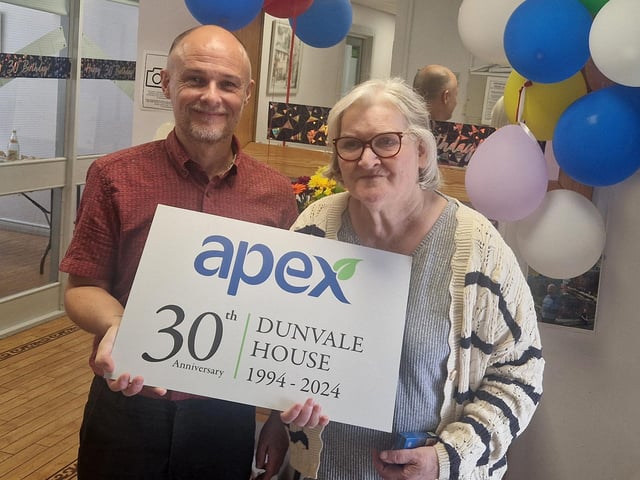 Manager of Dunvale House, Kelvin Hegarty, pictured with Ann Armstong who has lived in Dunvale House since it opened 30 years ago.
