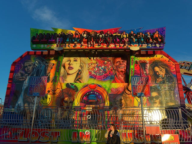 Reaching new heights on the Music Trip at Cullens Halloween Funfair in Ebrington Square. Photo: George Sweeney. DER2243GS – 065