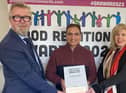 Dr. Mukesh Chugh with, on right, Anne Tohill, Head of The Executive Office (TEO), Good Relations Delivery team and, on left, Peter Day, Director of Engagement, Community Relations Council.
