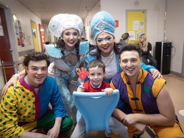 ALADDIN STARS IN HOSPITAL VISIT. . . . .Characters from 'Aladdin' the 2024 Christmas Pantomime at the Millennium Forum pictured on a visit to the Children's Ward at Altnagelvin Hospital on Thursday afternoon. They are pictured with 7 years old Jack Doherty. Included from left are Wishy Washy (Aodhan Kehoe), Genie (Niamh Morrison), Spirit of the Lamp (Lily O'Regan) and Aladdin (Dylan Reid). Aladdin performs at the Millennium Forum until Tuesday, December 31. (Photos: Jim McCafferty Photography)