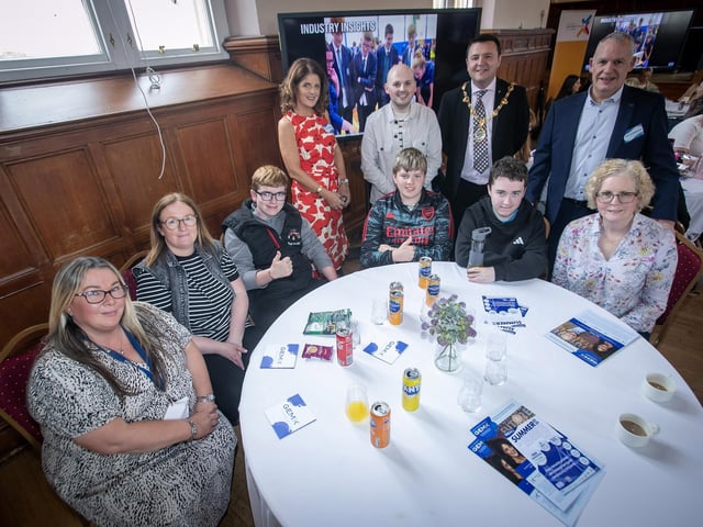 The Mayor of Derry City and Strabane District Council, Ruairi McHugh pictured at last week's GEMX SuperGEM awards at Ulster University Magee with some of the young people and staff from Knockavoe School, Strabane. Included at back from left are , Joanne Sweeney, Project Director, GEMX, and Paul Kirkpatrick, Chair, GEMX.