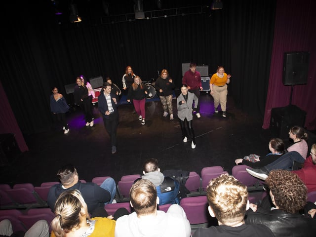 Sharing some of their dance moves with students at the North West Regional College. during Tuesday’s visit.