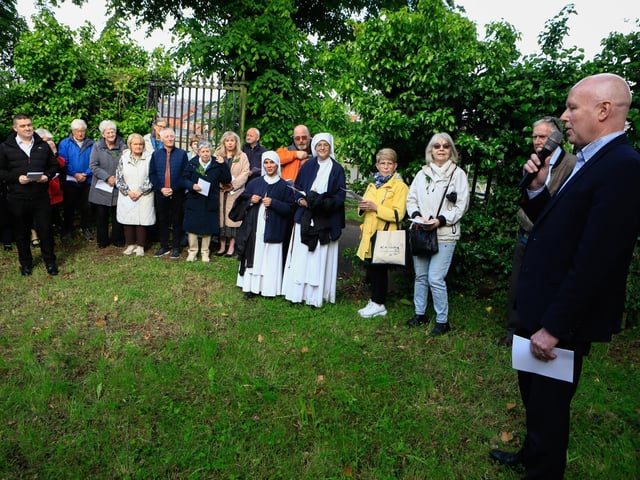 Stephen Doherty speaking at the Vespers (Evening Prayer) at Lumen Christi bell-tower as part of St Columba’s Day celebrations. (Photo - Tom Heaney, nwpresspics)