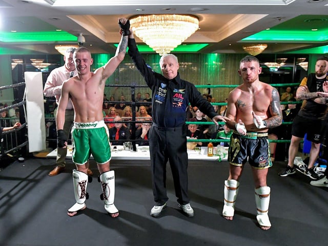 Rathmor Warriors’ Jake Mooney defeated Dennis Lafferty, SMAA,  to win the Lightweight LK Irish Title, on Saturday evening last, in the Everglades Hotel. Photo: George Sweeney.  DER2312GS – 71 