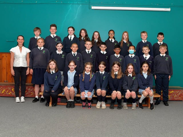 Mrs Forbes pictured with her P7 leavers class at Good Shepherd Primary School. DER2321GS – 34