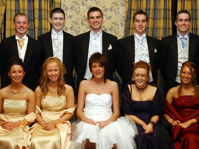 Front, from left, are Emma Doherty, Lorraine D'Arcy, Danielle Morgan, Margaret Kelly and Karen O'Kane. Back, from left, are Paul Brady, Declan Lynch, Stephen Russell, Kevin Duffy and Paul Bryson. (1611C03) : Students and their guests pictured at the St Columb's College formal back in November 2004.