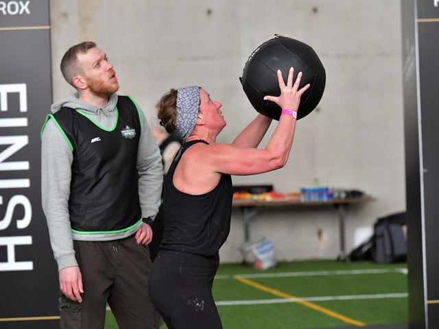 Competitor in the Maiden City Hyrox 3.0 Fitness Challenge held at Sean Dolans GAC on Saturday.  Photograph: George Sweeney