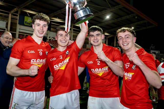 Eoin McEvoy, Conall Heron, Johnny McErlain and Cahir Quinn celebrate in at Find Insurance Celtic Park. Photo by Matthew Harvey/Sportsfile