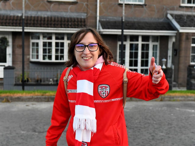 Fan arriving for Derry City’s game against Shamrock Rovers in the Brandywell. Photograph: George Sweeney