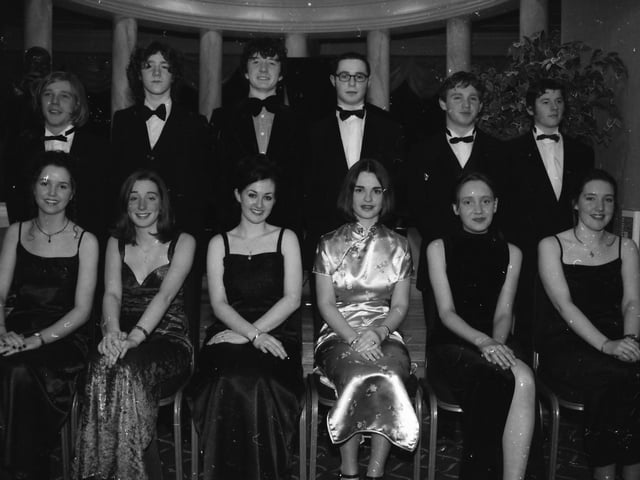 Seated, from left, Gemma McKenna, Caitriona Rooney, Emer Gallagher, Aileen Donaghy, Colette Lyttle and Louise Doherty, with their guests at the Thornhill College Formal.