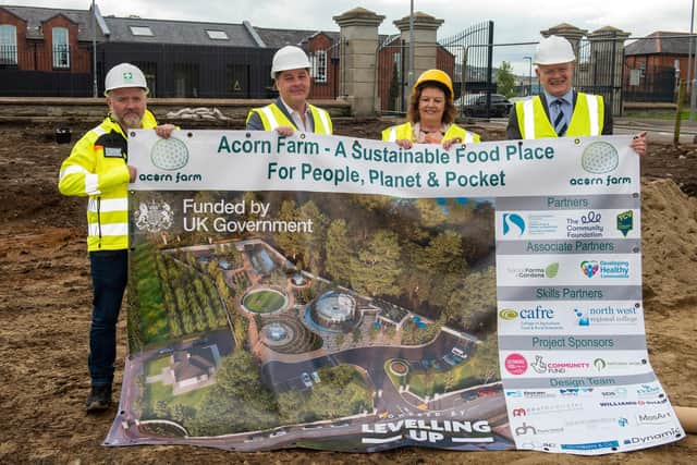 The Mayor Councillor Patricia Logue pictured with stakeholders at the site of the new Gate Lodge which will be constructed at the entrance to St. Columb’s Park in the Waterside  as part of the Acorn Farm which will be a sustainable food place for people, planet and pocket. Included are, William Doherty, Contractor, Simon Doran DCSDC and Paul McAlister, Architect 
