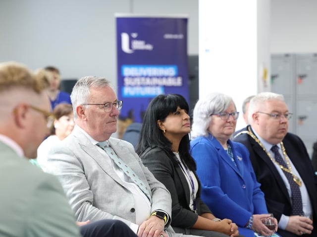 Health Minister, Mike Nesbitt; Shahneela Grygiel, Assistant Director of Registration and Revalidation at the Nursing and Midwifery Council; Professor Carol Curran, Pro-Vice Chancellor and Executive Dean of the Faculty of Life and Health Sciences Ulster University and Deputy Mayor of Derry City and Strabane District Council, Darren Guy at the Official Launch of the New Nursing Competence Test Centre located at Foyle House in Derry.