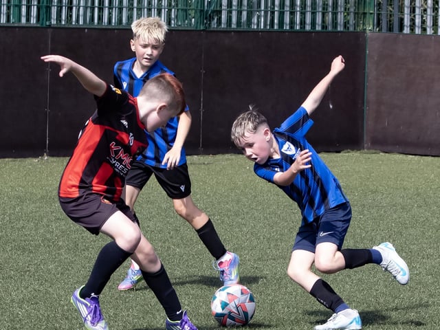 Action from the recent semi-final clash between Phoenix Athletic and Oxford United at Bay Road in the Padraig Barton Memorial Cup. (Photos: Jim McCafferty Photography)