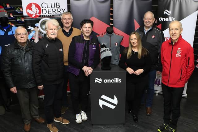 Group pictured at the launch of the Owenbeg Cross Country Races, sponsored by O'Neills, in partnership with Club Derry and Springwell Running Club which takes place at Owenbeg on Saturday 17th January. Included, from left, are Bernie Mullan, Club Derry, Gerry Loughrey, chairman, Club Derry, John Tumilly, O'Neills, Colin Loughrey, race director, Springwell Running Club,  Caroline Casey, store manager, O'Neills, Waterloo Place, John Keenan, Derry GAA, and Dermot Connolly, City of Derry Spartans AC. (Photo - Tom Heaney, nwpresspics)