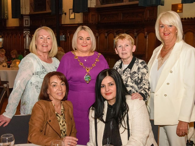The Mayor Councillor Sandra Duffy hosted an evening to mark International Womens Day in the Guildhall which included a performance by Colmcille Ladies Choir, an address by Mary Keogh and a comical speech by Charmaine O’Donnell compered by Jeananne Craig. Picture Martin McKeown. 08.03.2