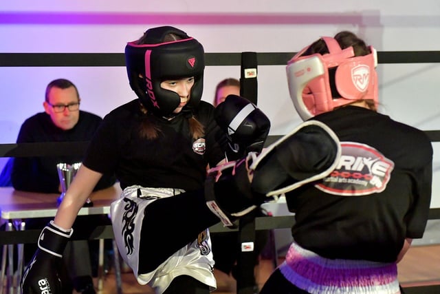 Niamh Thompson and Any Johnstone, Strike Martial Arts, compete in The Rising Stars event held in Shantallow Community Centre on Saturday. Photo: George Sweeney. DER2308GS – 154