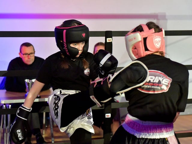 Niamh Thompson and Any Johnstone, Strike Martial Arts, compete in The Rising Stars event held in Shantallow Community Centre on Saturday. Photo: George Sweeney. DER2308GS – 154