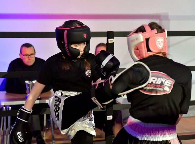 Niamh Thompson and Any Johnstone, Strike Martial Arts, compete in The Rising Stars event held in Shantallow Community Centre on Saturday. Photo: George Sweeney. DER2308GS – 154