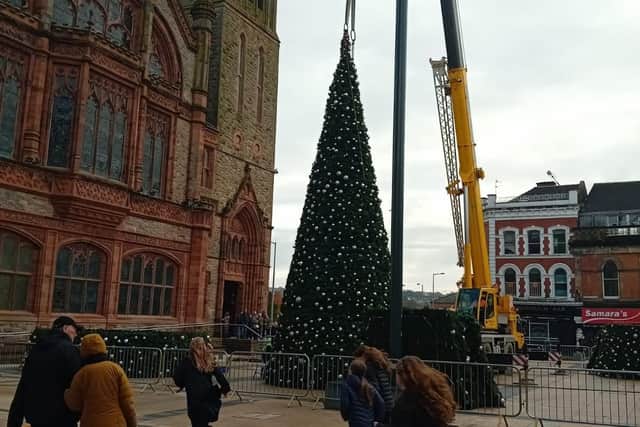 The Christmas tree being placed at Guildhall Square at the weekend.