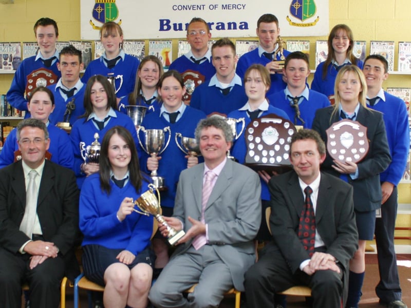 Scoil Mhuire students in 2004 who execelled in sports picutred with school Principal Liam Rainey and guests Frank McHale and Paul Hanningan.  (2805JB34)