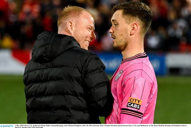 Derry City goalkeeper Brian Maher and former goalkeeping coach Michael Dougherty.
