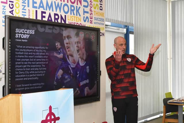 Derry City's Technical Director Mark McChrystal speaking at the launch of the club's Football Scholarship program in St Joseph's Boy's school on Monday. Photo: George Sweeney