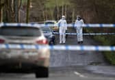 OMAGH, NORTHERN IRELAND - FEBRUARY 23: Police and forensics are seen at the scene of last nights shooting of a high profile PSNI officer at the Youth Sports Centre on February 22, 2023 in Omagh, Northern Ireland. (Photo by Charles McQuillan/Getty Images)