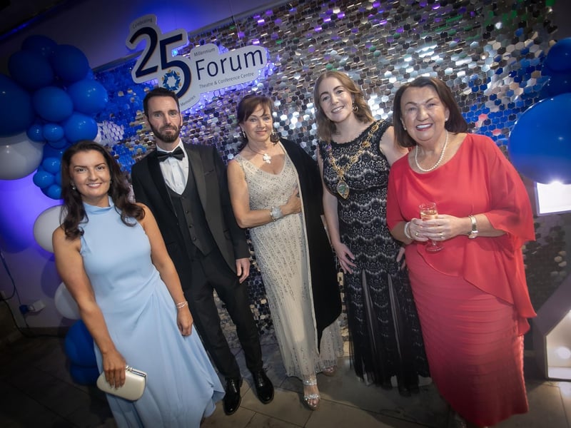 Group pictured at Friday night's 25th Anniversary Celebrations at the Millennium Forum. From left, Blathnaid Biddle, Johnny McDaid, Patron, Professor Dolores O'Reilly, Derry Theatre Trust and chair of Access to Arts for All, Grace Ui Niallais, Mayor of Derry City and Strabane District Council, and Sandra Biddle. (Photos: JIm McCafferty Photography)
