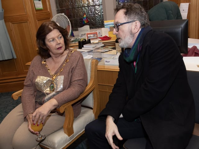 The Mayor, Patricia Logue in conversation with Paul O'Hagan, Ulster University at Monday night's reception for Acoustronic.