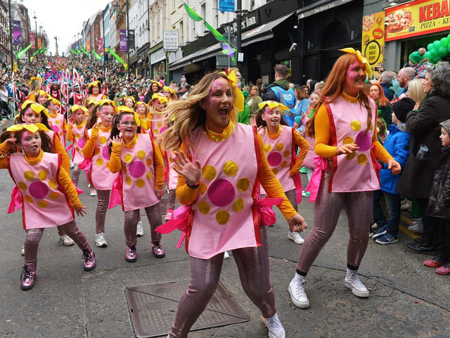 The Derry St Patrick’s Day parade makes its way towards the city centre on Monday afternoon. Photo: George Sweeney.